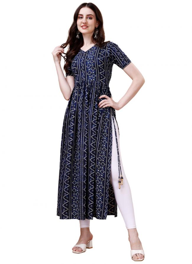 Rayon Neavy Blue Party Wear Digital Printed Readymade Kurti 